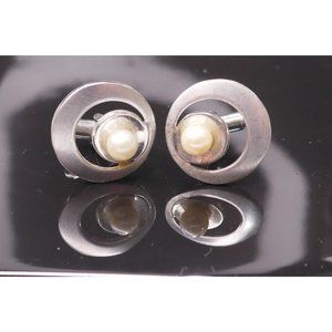 MCM Signed P&K Sterling Silver Atomic Look Cuff Links With Pearls Wedding Prom